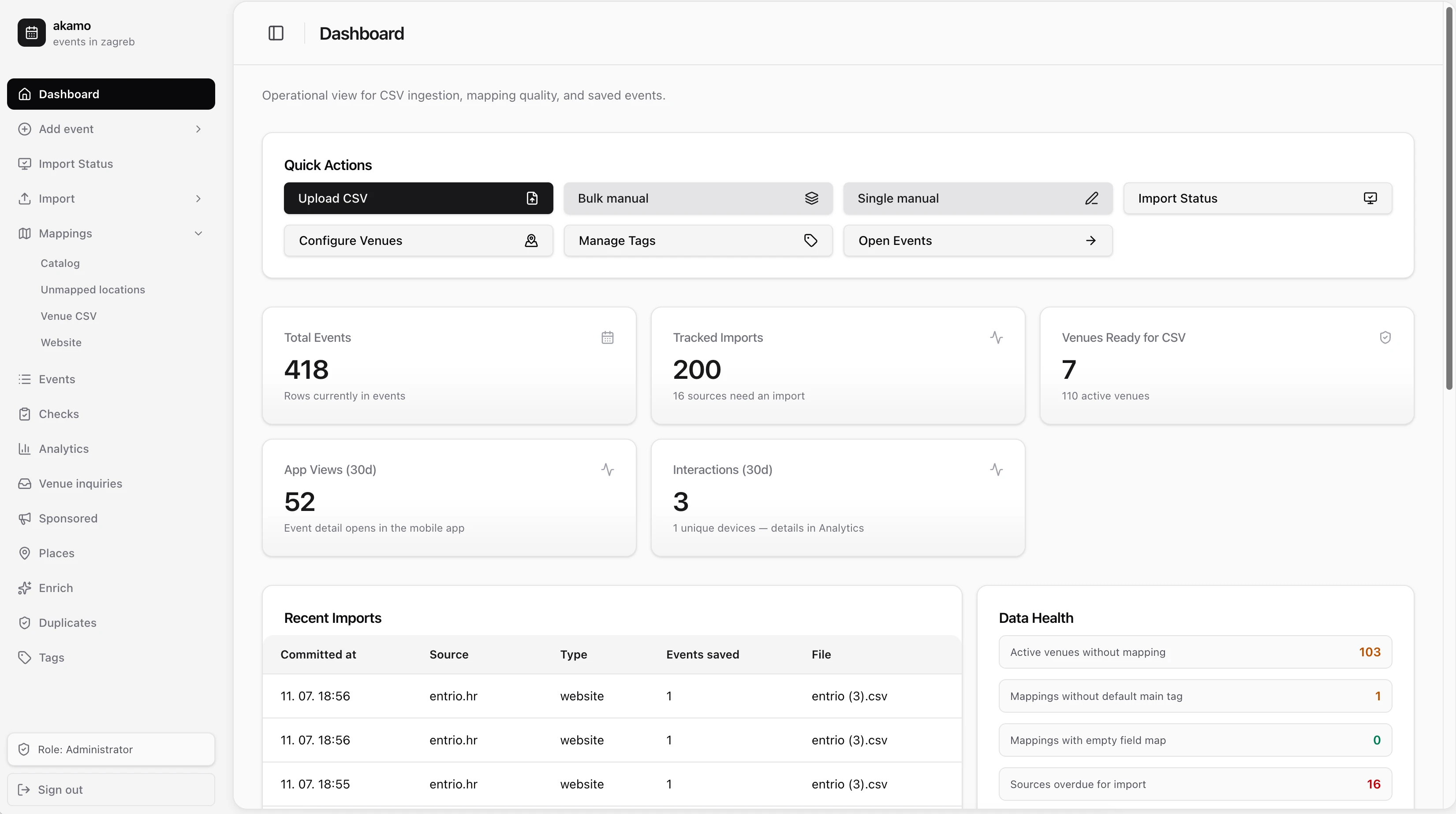 City Events App, admin dashboard view