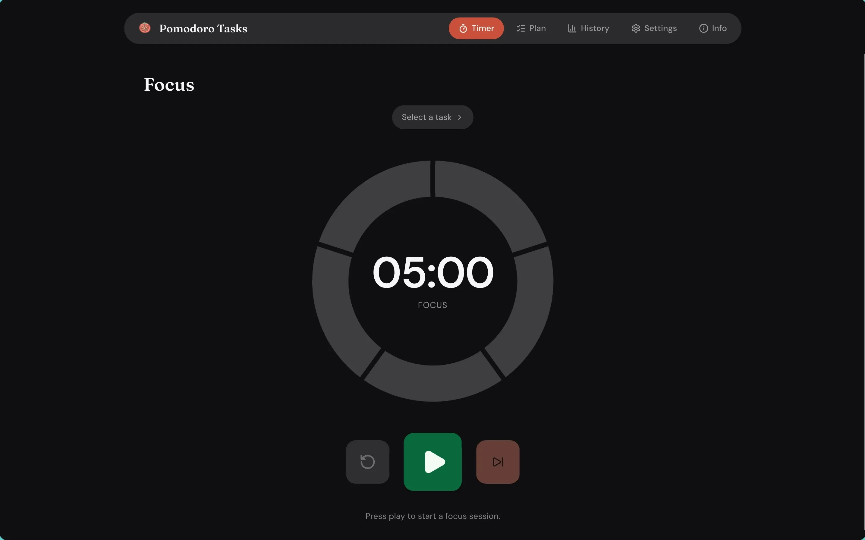 Pomodoro Tasks web app, view 1