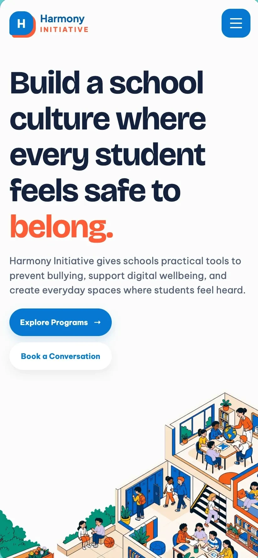 Harmony Initiative anti-bullying landing page, view 1