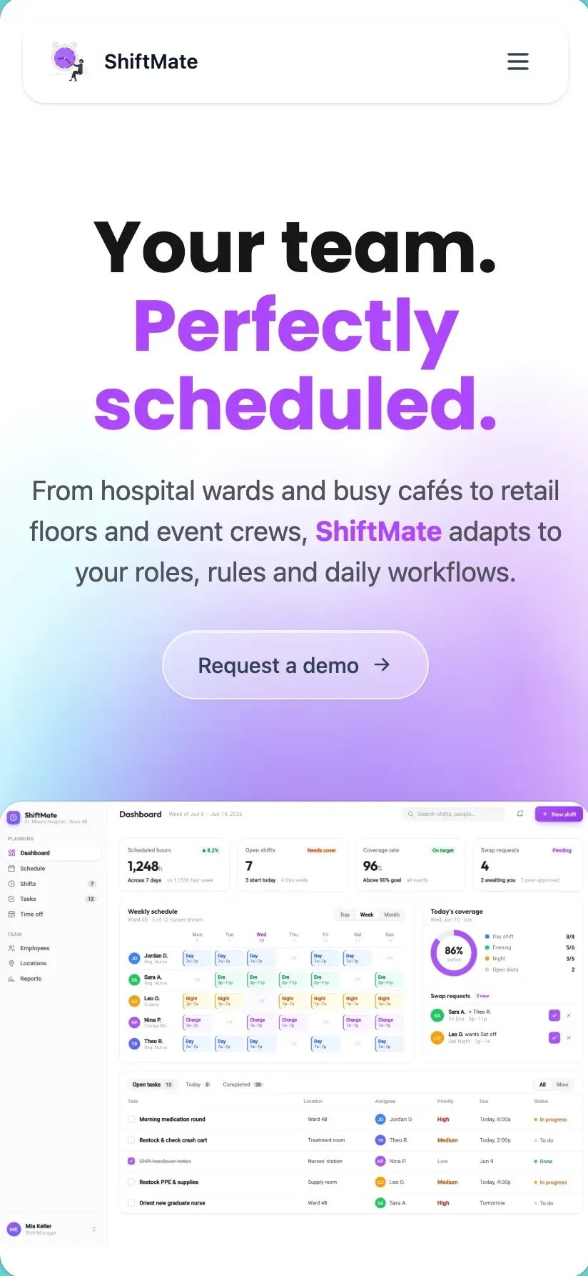 ShiftMate SaaS landing page, view 1