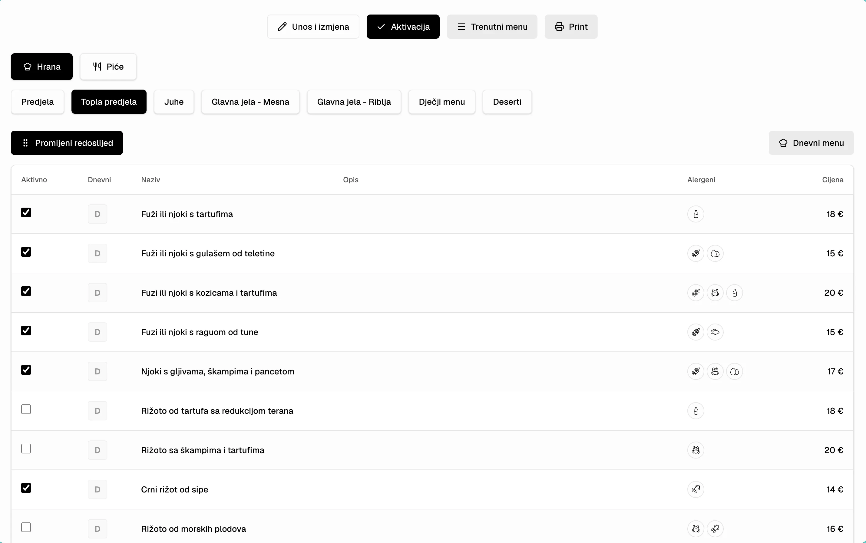 Konoba Bare restaurant menu web app, view 1