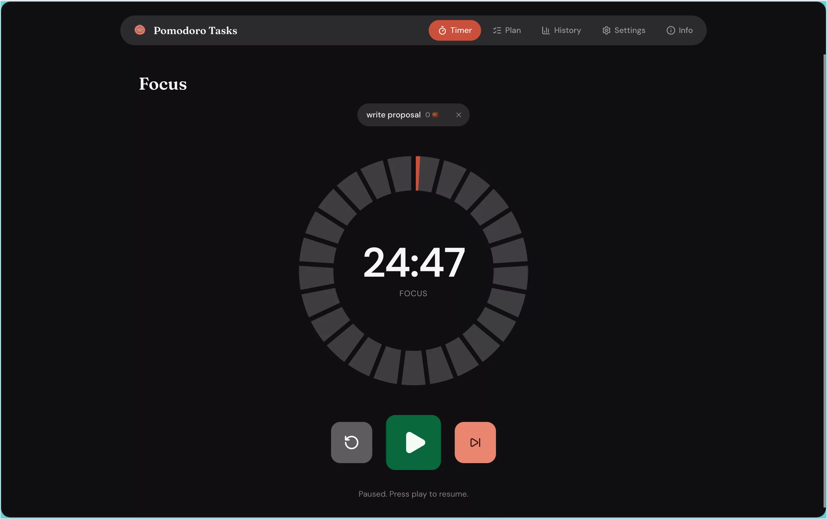 Pomodoro Tasks web app, focus timer view