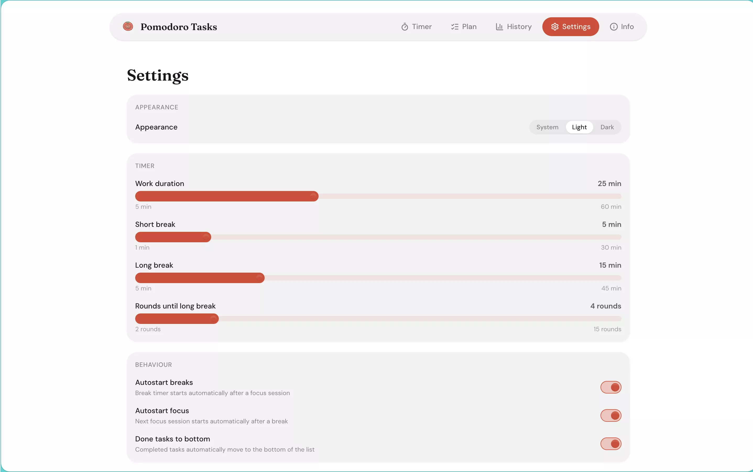 Pomodoro Tasks web app, settings view